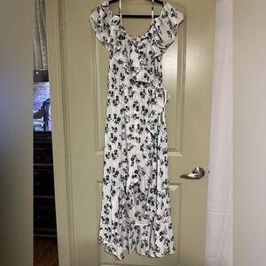 Elegant White and Blue Floral Maxi Dress